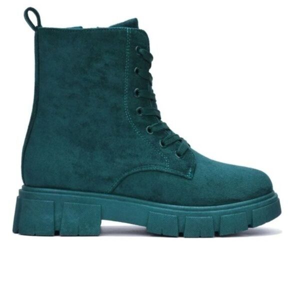 Womens Suede Combat Ankle Boots Lace Up Heeled Teal Color - Picture 2 of 4